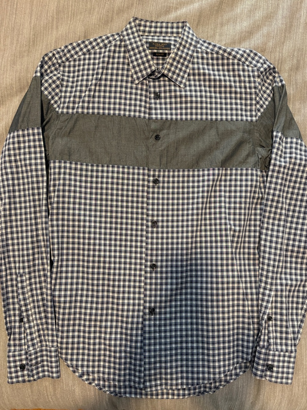 Zara Navy and White Check Dress Shirt with Charcoal Panel